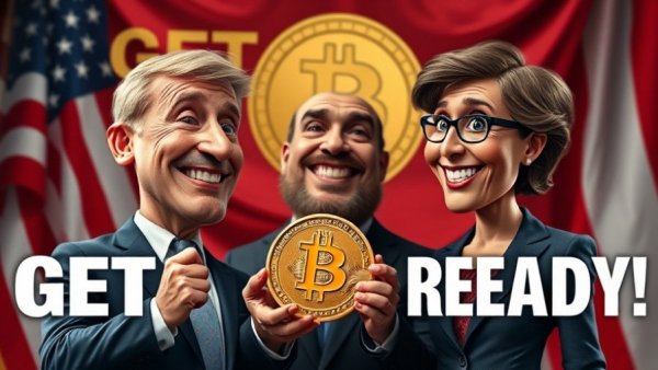 Bitcoin Price Prediction discussion with dramatic expression and American flags backdrop.