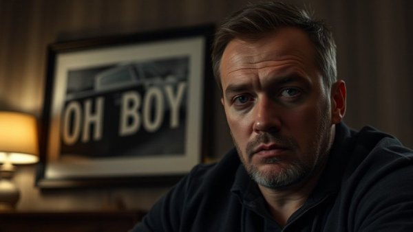 Bitcoin investors concerned, man indoors with 'OH BOY' text.