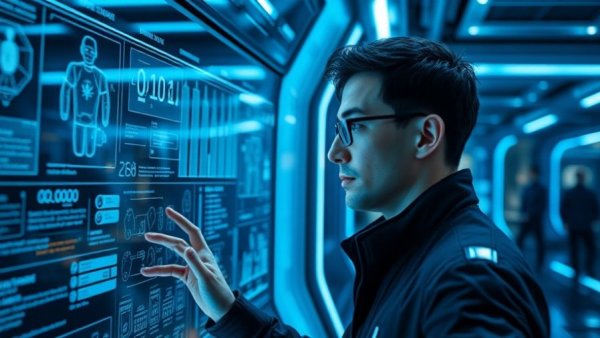 Futuristic pre-crime surveillance interface with focused individual.