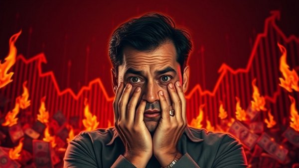 Illustration of Max Pain in Bitcoin and Crypto with concerned person and market downtrend.