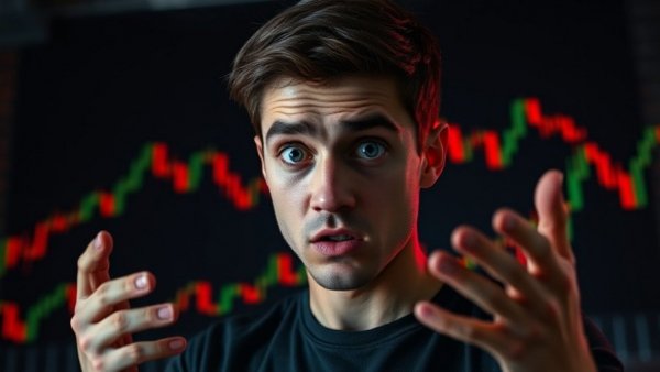 Bitcoin price movements dramatic expression with chart in background.