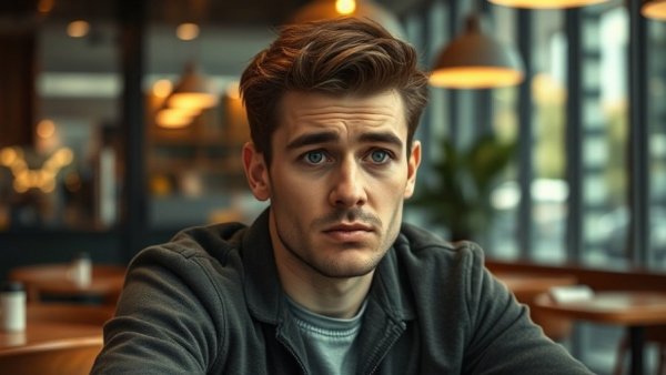 Worried man in cafe reflecting on Bitcoin collapsing.