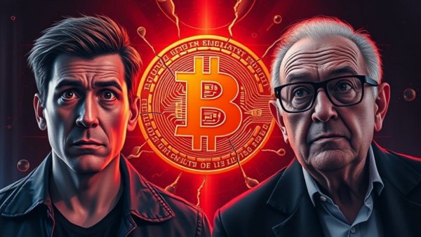 Crypto changes everything: concerned two men with cracked Bitcoin symbol.