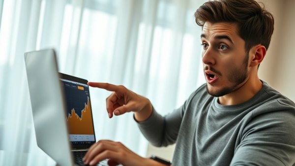 Young man pointing at most important Bitcoin chart on laptop.