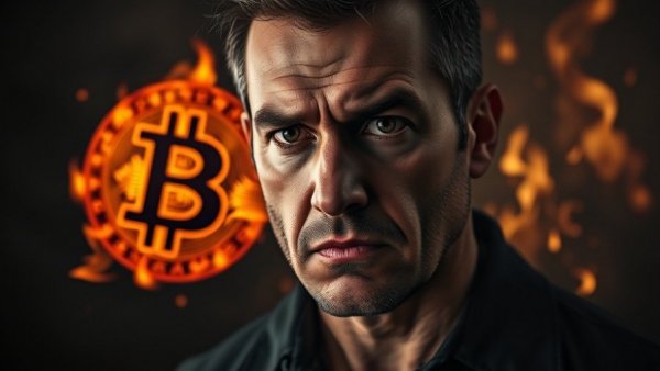 Concerned man near fiery Bitcoin symbol, representing Bitcoin undervaluation.
