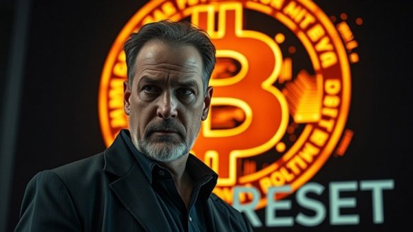 Bitcoin reset concept with serious man and fiery Bitcoin symbol.