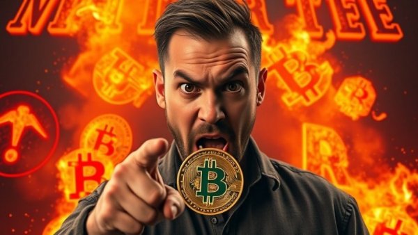 Serious man pointing at extreme fear gauge with Bitcoin symbol in fiery background.