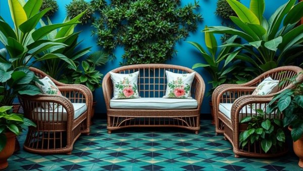 East Coast Radio House + Garden Show 2026 wicker seating with floral cushions and plants.