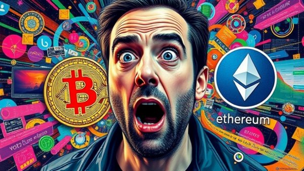 Dynamic collage with Bitcoin logos and surprised man, suggesting crypto urgency.