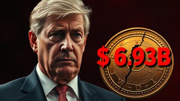 Cryptocurrency's $6.93 Billion Crash illustration with concerned man and cracked coin.