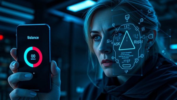 Banking system risks illustration with digital elements and concerned person.