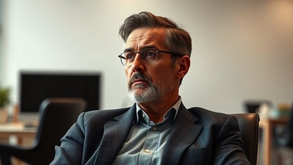 Thoughtful man contemplating in office, neutral tones, soft light.