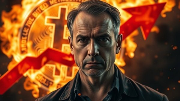 Middle-aged man reacting to Bitcoin crash with fiery background.