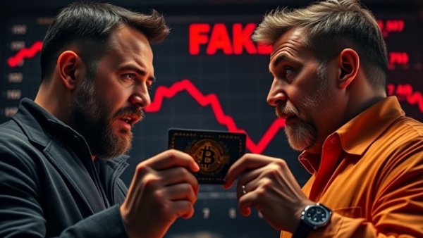Is Bitcoin Real discussion with two men and digital card.