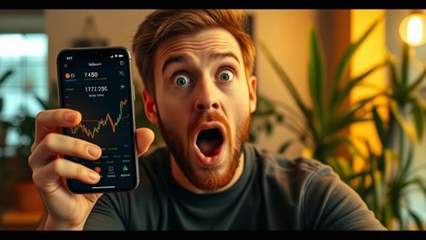 Bitcoin Bounce concept, surprised person with phone showing Bitcoin chart.