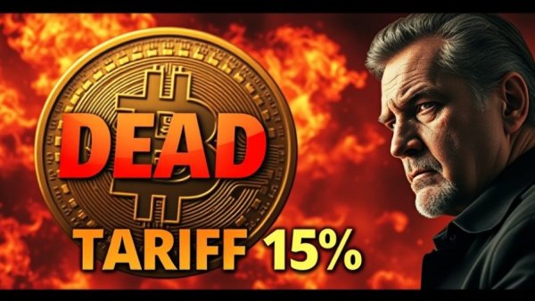 Bitcoin analysis illustration with tariff text and economic theme.