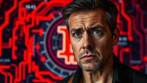 Concerned man with Bitcoin symbol, highlighting market volatility.