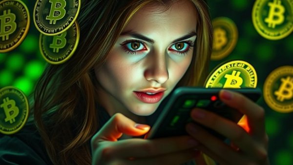 Intrigued woman with Bitcoin auto-stacking system on phone.