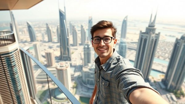Man excitedly overlooking Dubai skyline and real estate landscape.