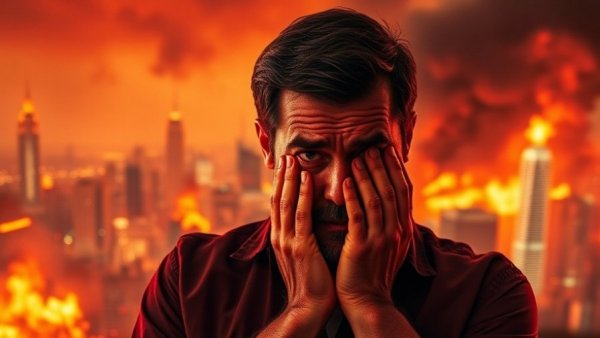 Dramatic Bitcoin trouble scene with fiery background.