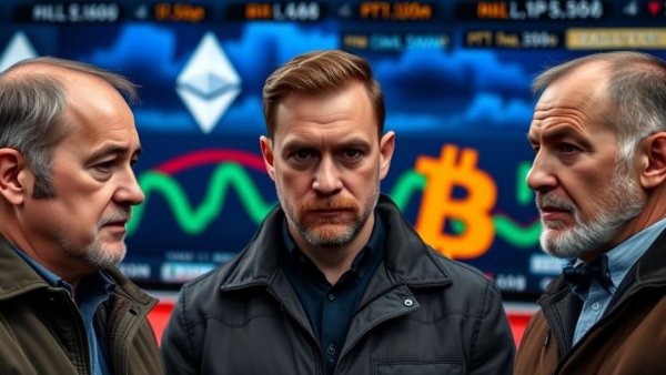 Crypto market analysis discussion featuring three men, Bitcoin and Ethereum logos.