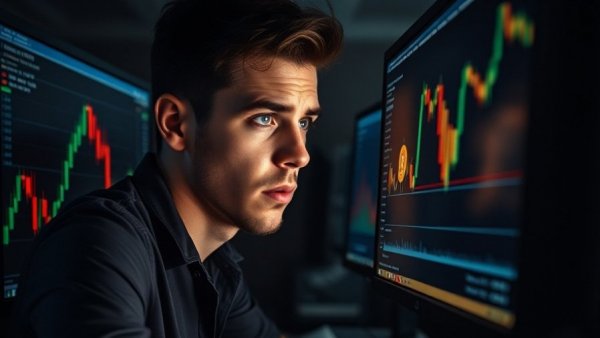 Concerned man analyzing Bitcoin chart in dimly lit room.