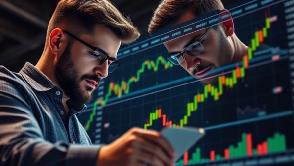 Bitcoin analysis with chart trend and focused individuals.