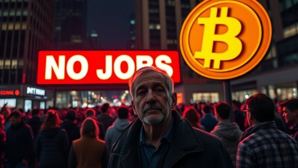 Bitcoin and Crypto Market Analysis with a city backdrop and 'No Jobs' sign.