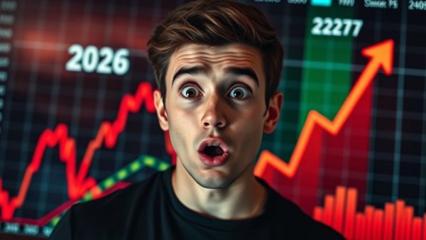 Stunned man with upward stock chart indicating investing in crypto success.