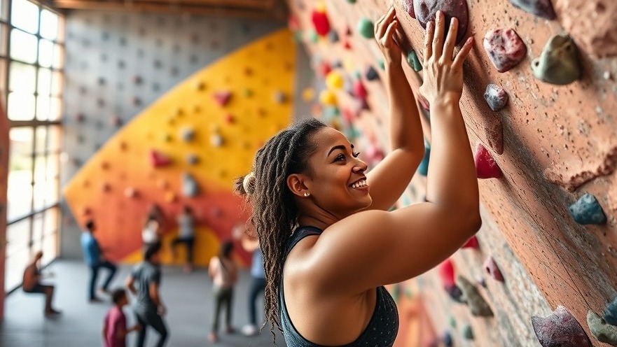 A woman climber in a vibrant indoor rock climbing gym in Randburg, showcasing fitness and community.