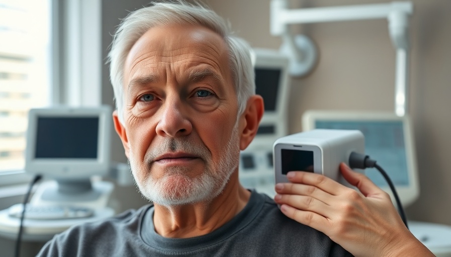 Shockwave therapy session on an older man's shoulder.