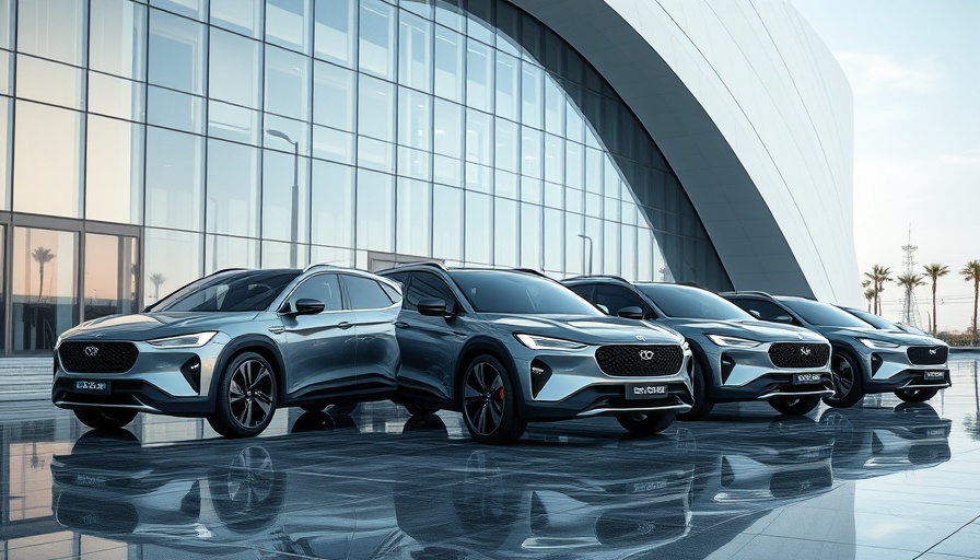 Geely Sales: futuristic car lineup in modern setting.