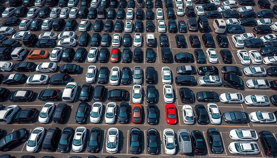 Aerial view of a car lot illustrating auto industry trends.