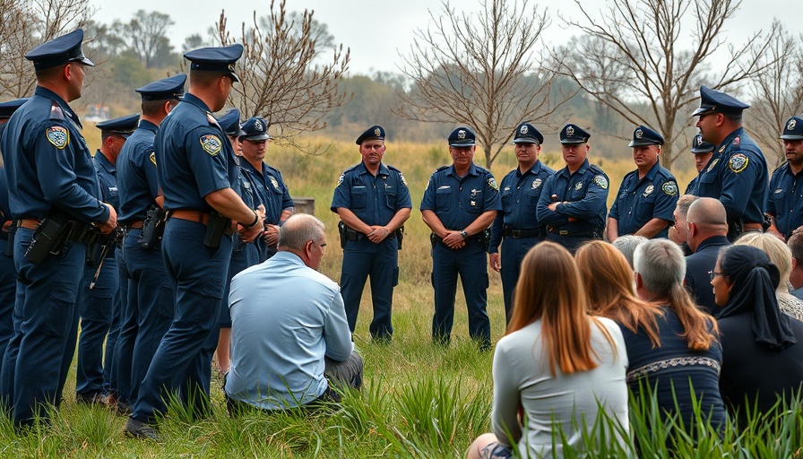 Police overseeing artisanal mining group outdoors.