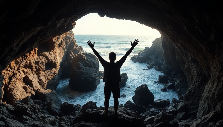 Silhouette in coastal cave with ocean view, coastal caves.