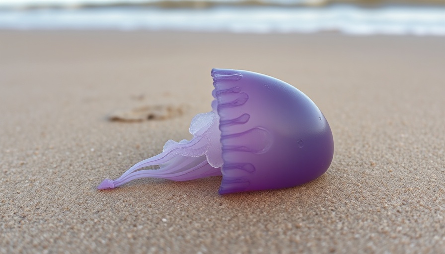 Night light jellyfish beached on sandy shore.