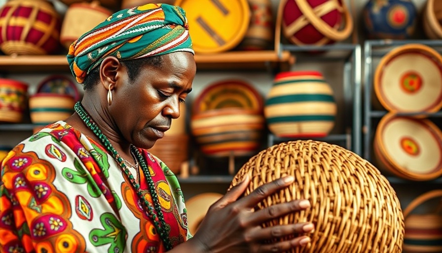 FedEx South Africa artisan in vibrant workshop with colorful baskets.