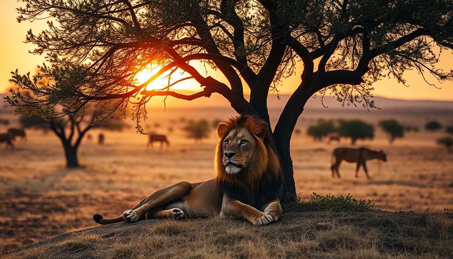 Lion under acacia tree in African savannah at sunset, representing legal access.