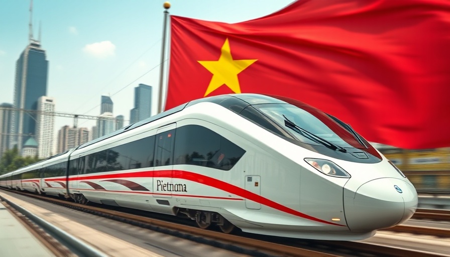 High-speed railway train with Vietnam flag background.