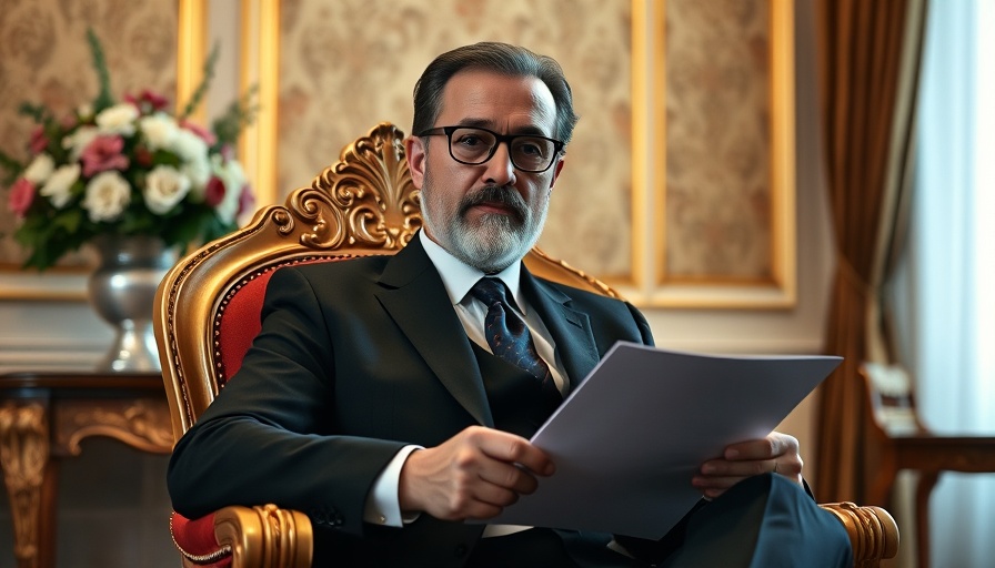 Distinguished gentleman seated on ornate chair, holding a document in regally decorated room.