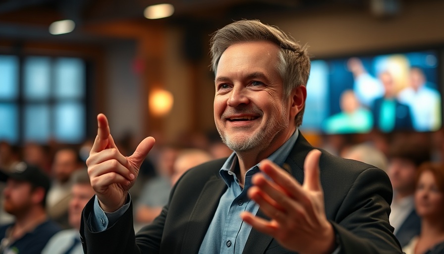 Mature man gesturing confidently at an indoor event.