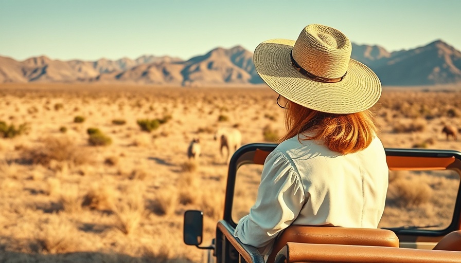 Woman in safari gear beside vehicle in African savanna, sustainable tourism.