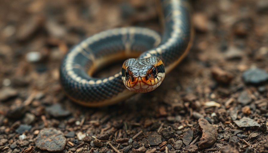 Detailed snake slithering on rough ground, snake identification.