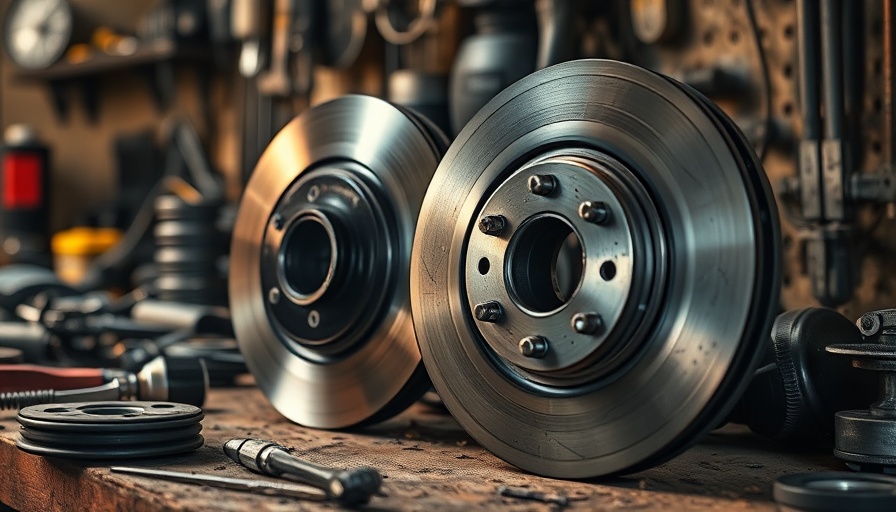 Detailed view of car brake drums in a workshop setting.