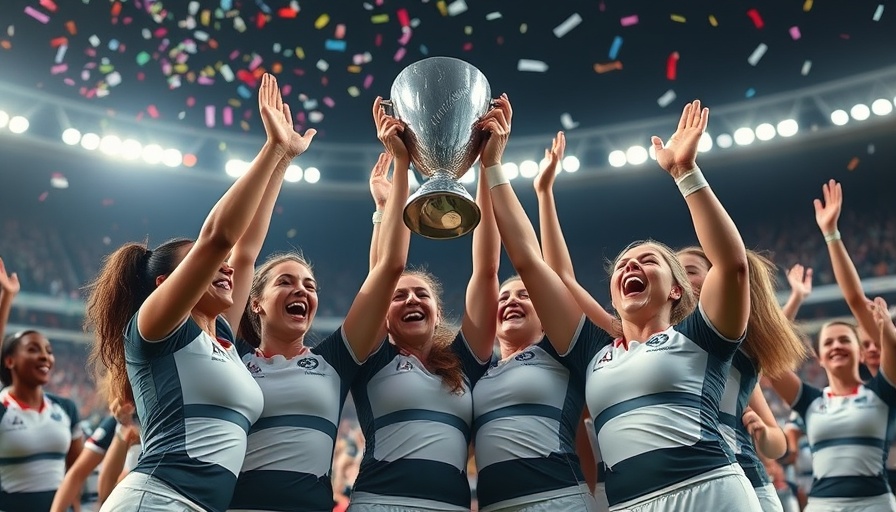 Women's rugby team celebrating victory with trophy and confetti.