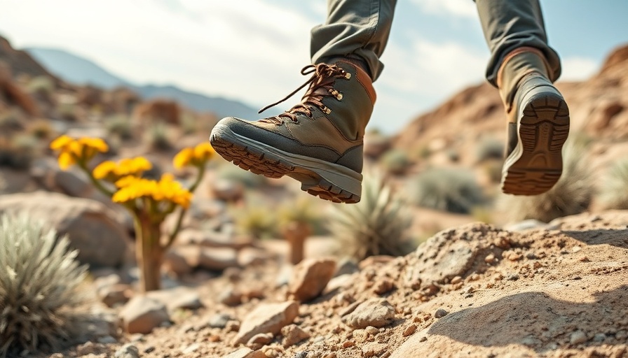 Hiker jumping on rocks with hiking stains visible on boots.