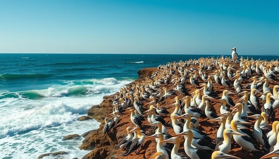 Cape Gannet Colony on sunny coastal rocks with ocean view.