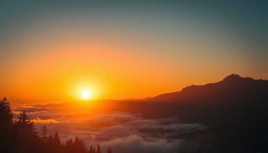 Mountain camping at sunrise, serene view with clouds and silhouettes.