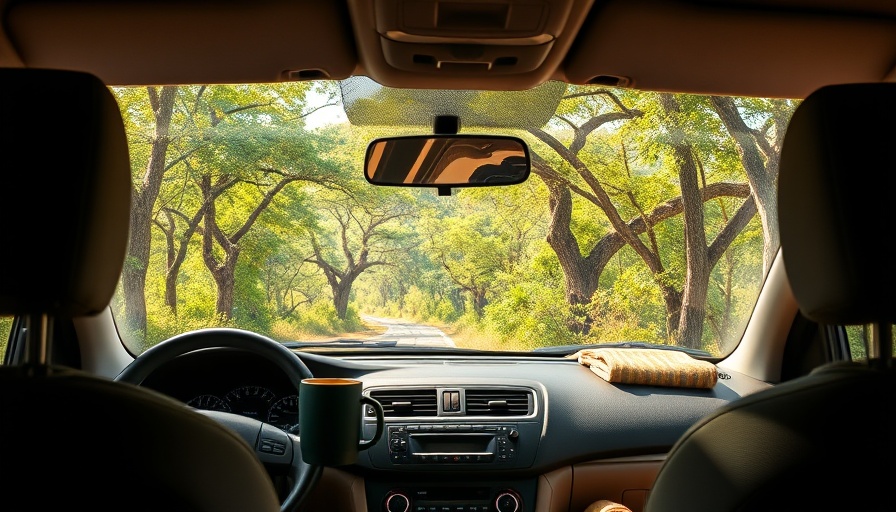 Self-driving in Kruger, scenic view with travel essentials in car.