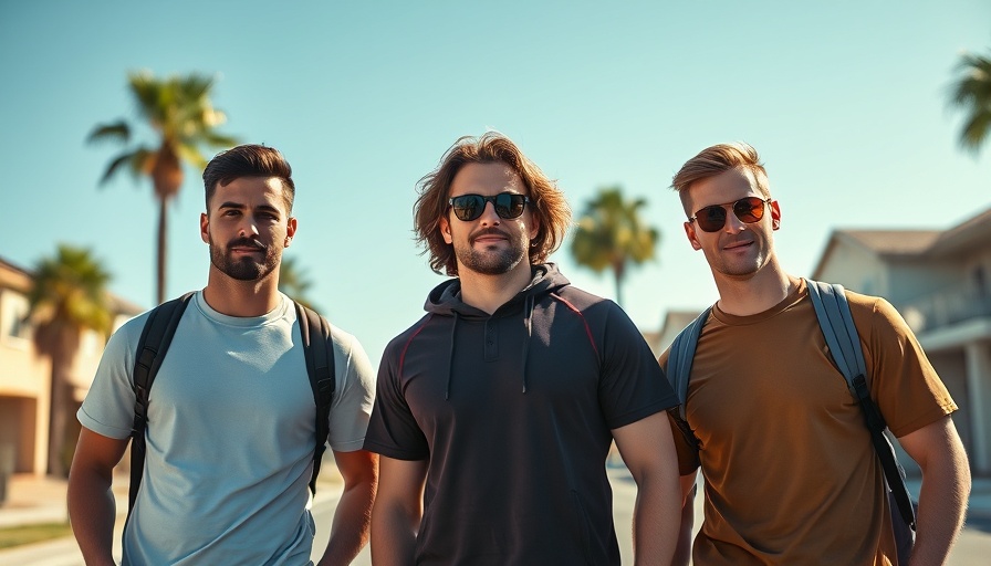 Men in Pasadena sportswear posing outdoors, sunny day.